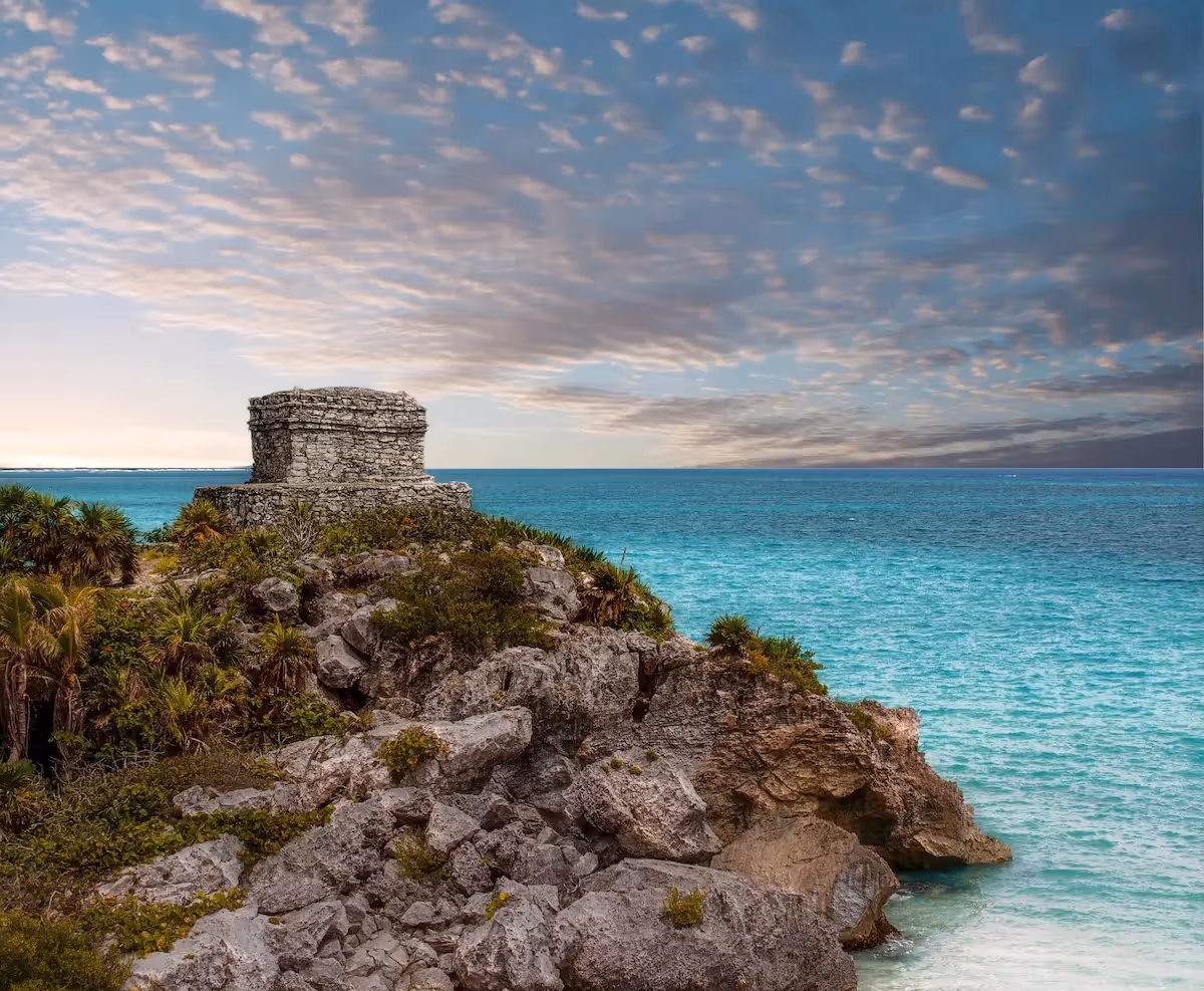 Historic Mayan ruins overlooking the Caribbean Sea located near La Valise Tulum Hotel.